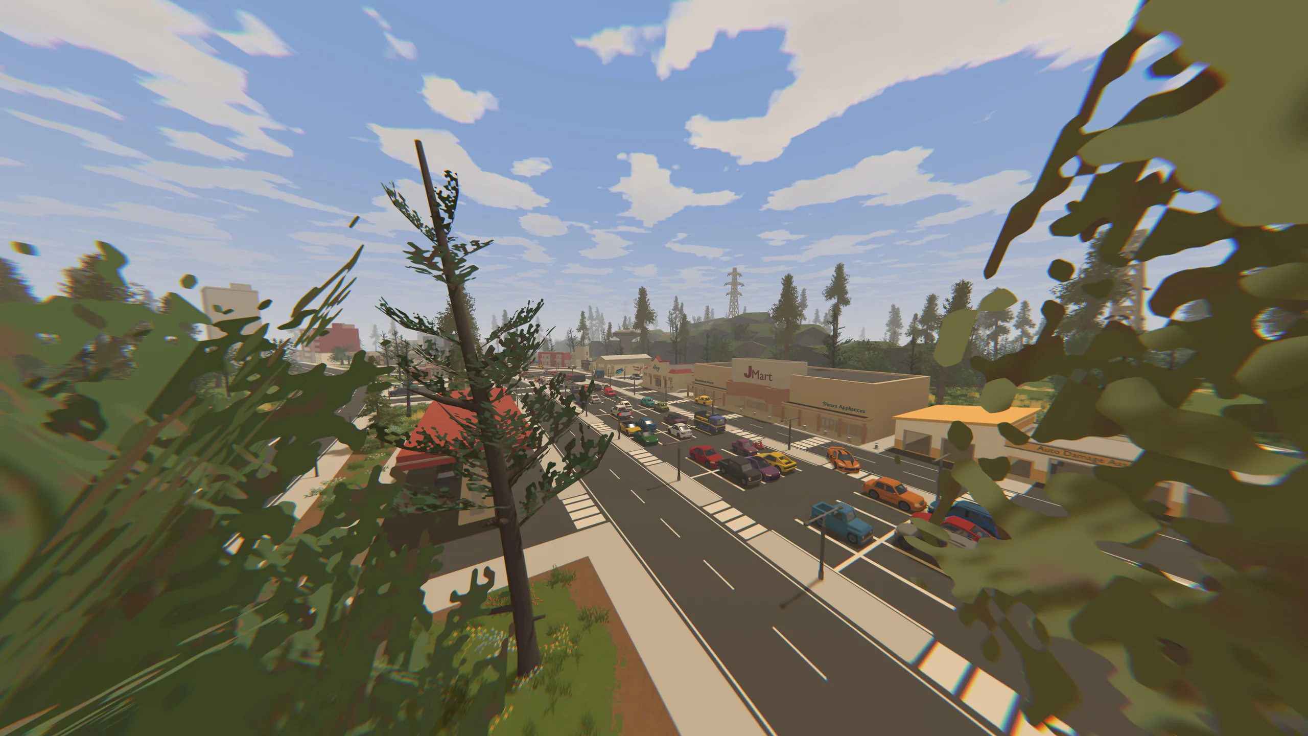 Motion-blurred daylight shot of vehicles backed up on a tree-lined highway