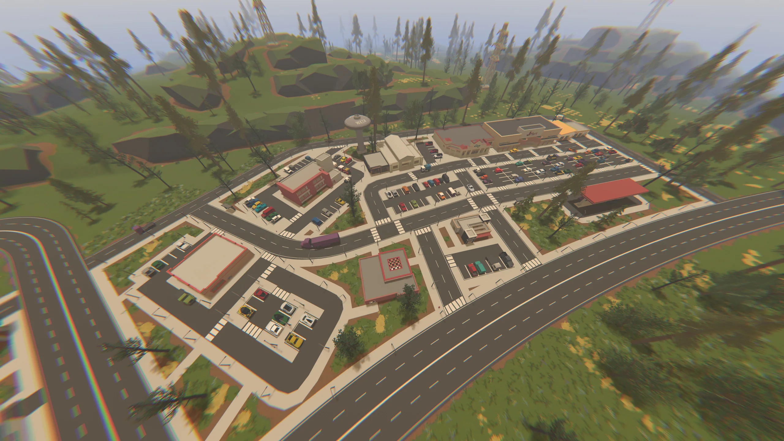 Overhead map view of a small town's street grid, buildings, and green space