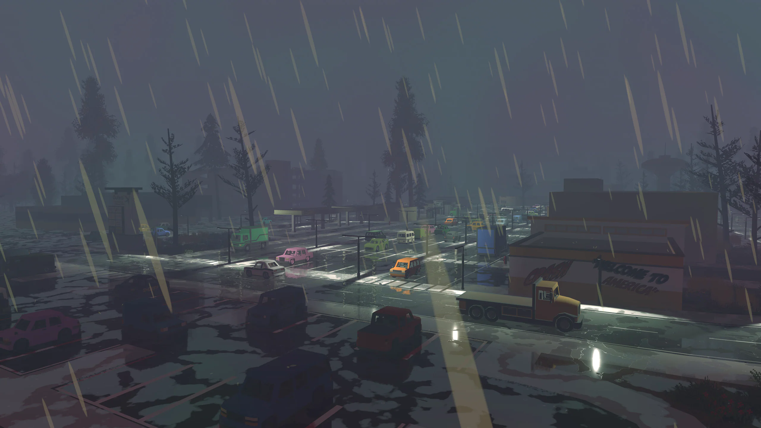 Rainy night downtown street with wet, reflective pavement under streetlights