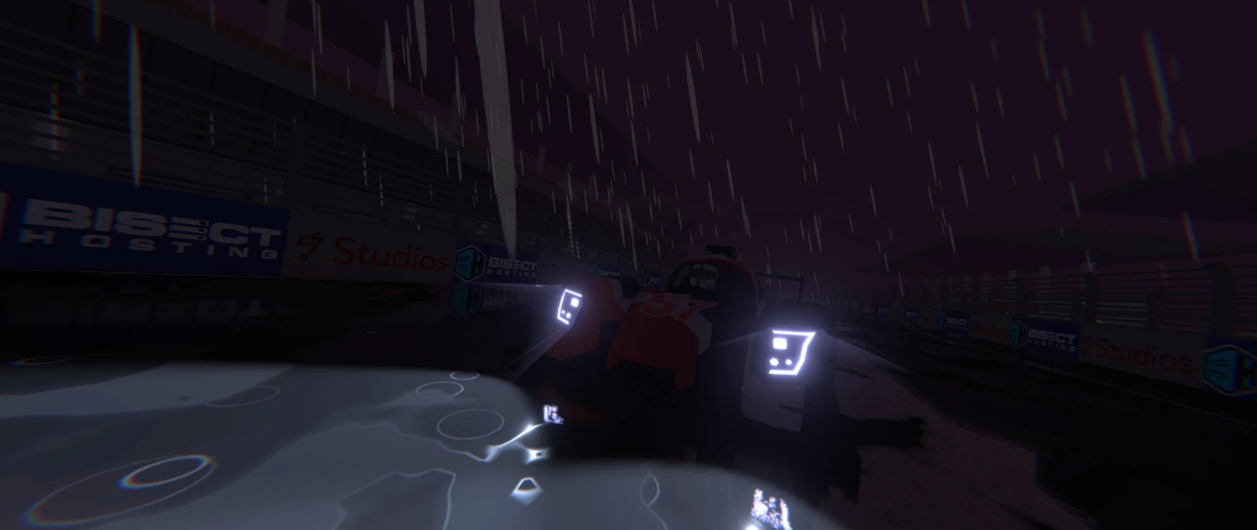 Night rain race: view from behind a car's roof showing glowing number boards through heavy rain